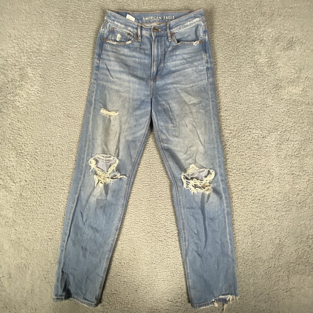 American Eagle Jeans Womens 2 Blue Baggy‎ Jean High Rise Distressed Light Wash
